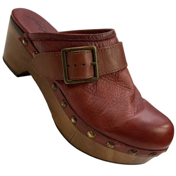 Free People Culver City Clogs Shoes 40 Mahogany Wooden Platform Buckle Leather