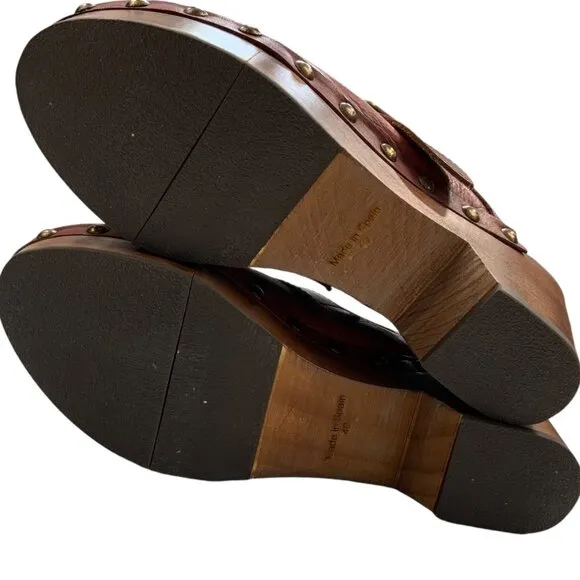 Free People Culver City Clogs Shoes 40 Mahogany Wooden Platform Buckle Leather