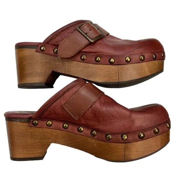 Free People Culver City Clogs Shoes 40 Mahogany Wooden Platform Buckle Leather