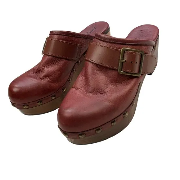 Free People Culver City Clogs Shoes 40 Mahogany Wooden Platform Buckle Leather