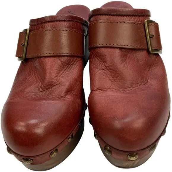 Free People Culver City Clogs Shoes 40 Mahogany Wooden Platform Buckle Leather