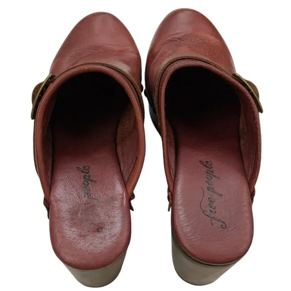 Free People Culver City Clogs Shoes 40 Mahogany Wooden Platform Buckle Leather