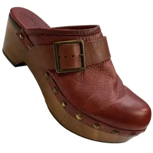 Free People Culver City Clogs Shoes 40 Mahogany Wooden Platform Buckle Leather