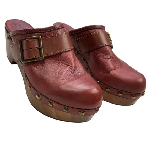 Free People Culver City Clogs Shoes 40 Mahogany Wooden Platform Buckle Leather