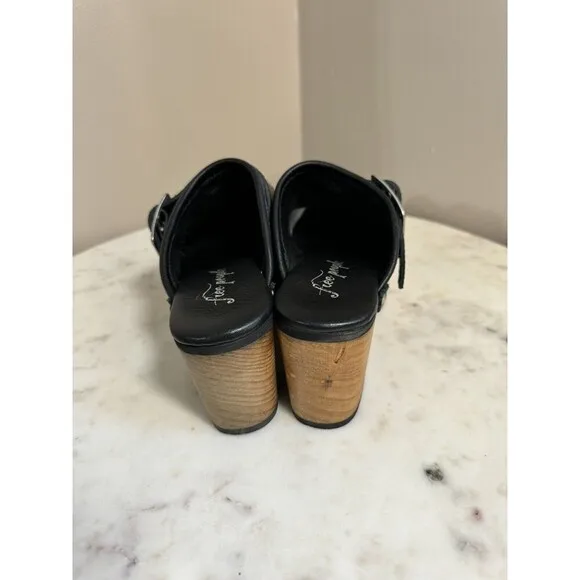 Free People Culver City Clogs Size 37-6.5 Leather Black Shoes Buckle Wooden