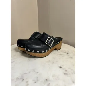 Free People Culver City Clogs Size 37-6.5 Leather Black Shoes Buckle Wooden