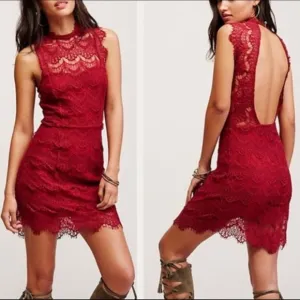 FREE PEOPLE DAYDREAM BODYCON OPEN BACK LACE MINI DRESS, CHERRY RED (NWT)