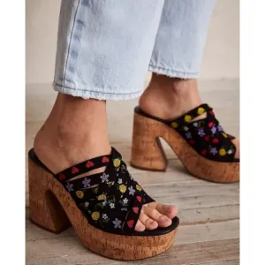 Free People Lisbon Embroidered Woven Suede Kork Platform Mule Nwot