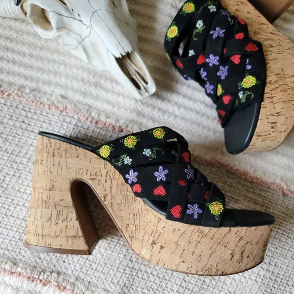 Free People Lisbon Embroidered Woven Suede Kork Platform Mule Nwot