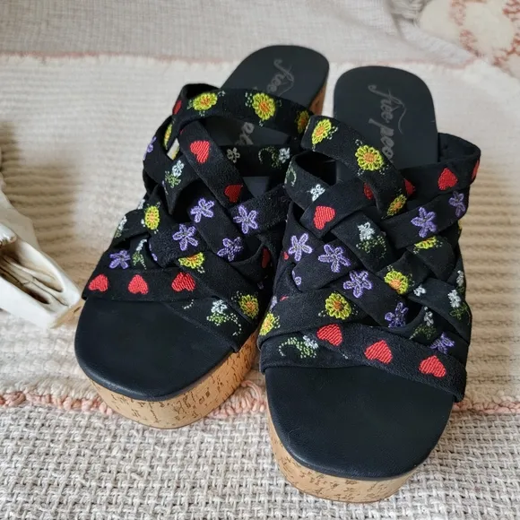 Free People Lisbon Embroidered Woven Suede Kork Platform Mule Nwot