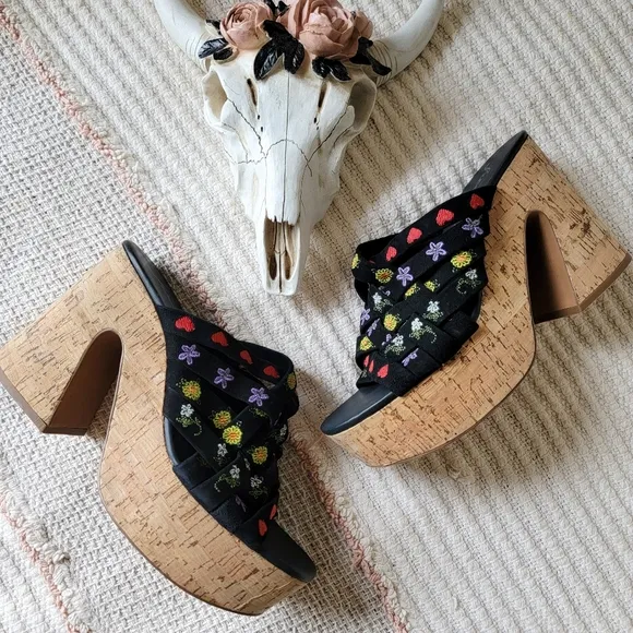 Free People Lisbon Embroidered Woven Suede Kork Platform Mule Nwot