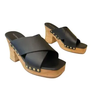 Free People Mallory Criss Cross Black Leather Platform Clog Heels Sz 8