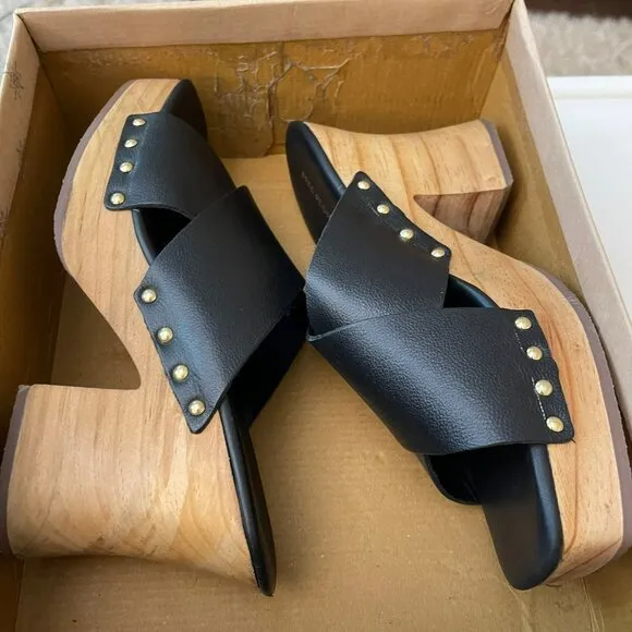 Free People Mallory Criss Cross Black Leather Platform Clog Heels Sz 8