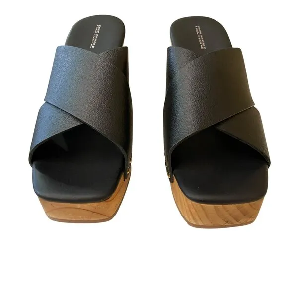 Free People Mallory Criss Cross Black Leather Platform Clog Heels Sz 8