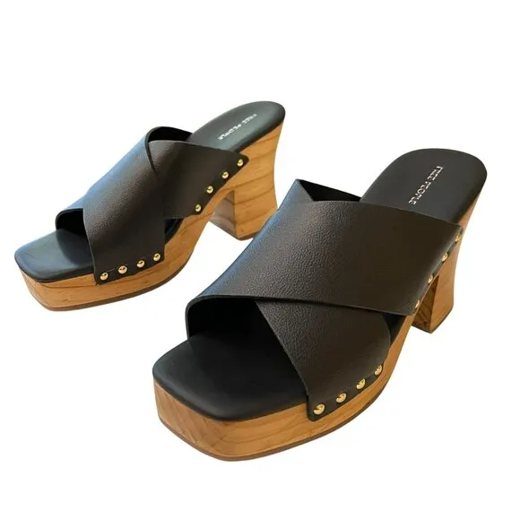 Free People Mallory Criss Cross Black Leather Platform Clog Heels Sz 8