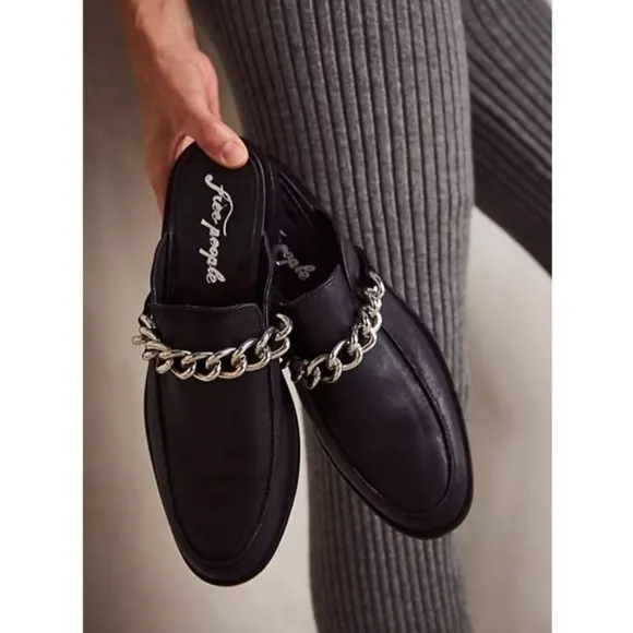 Free People mules women's 9.5 black leather Vida chain preppy loafers new $148