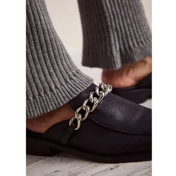 Free People mules women's 9.5 black leather Vida chain preppy loafers new $148