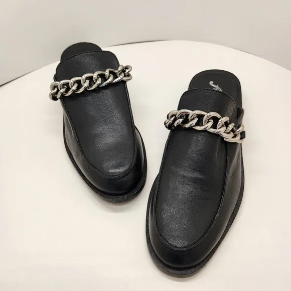 Free People mules women's 9.5 black leather Vida chain preppy loafers new $148