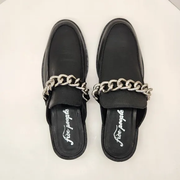 Free People mules women's 9.5 black leather Vida chain preppy loafers new $148