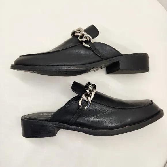 Free People mules women's 9.5 black leather Vida chain preppy loafers new $148