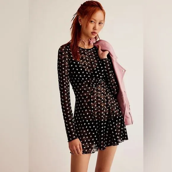 Free People NEW Small Sheer Delight mini dress black