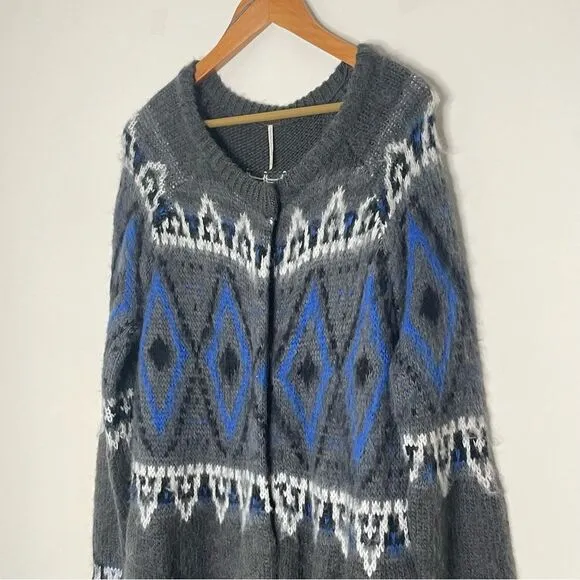 Free People Nordic Fair Isle Mohair Long Cardigan Shacket Sweater Coat Large