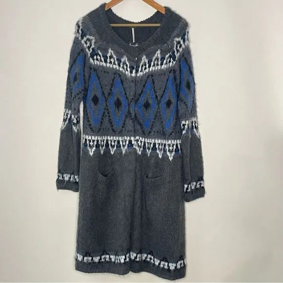 Free People Nordic Fair Isle Mohair Long Cardigan Shacket Sweater Coat Large