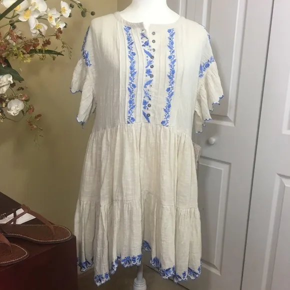 FREE PEOPLE SANTIAGO EMBROIDERED MINI DRESS TUNIC,CREAM (NWT)