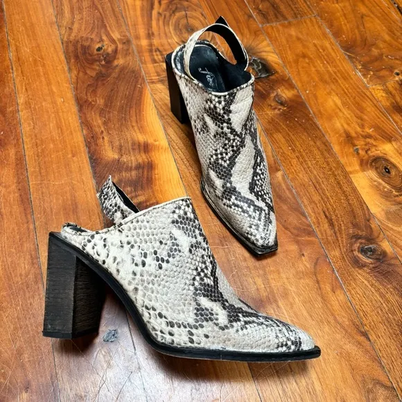 Free People Silver Storm Mules in Snakeskin Leather 6.5