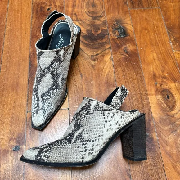 Free People Silver Storm Mules in Snakeskin Leather 6.5