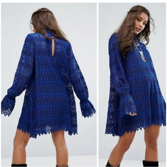 Free People Simone Mock Neck Long Bishop Sleeve Mini Dress, Blue NWT