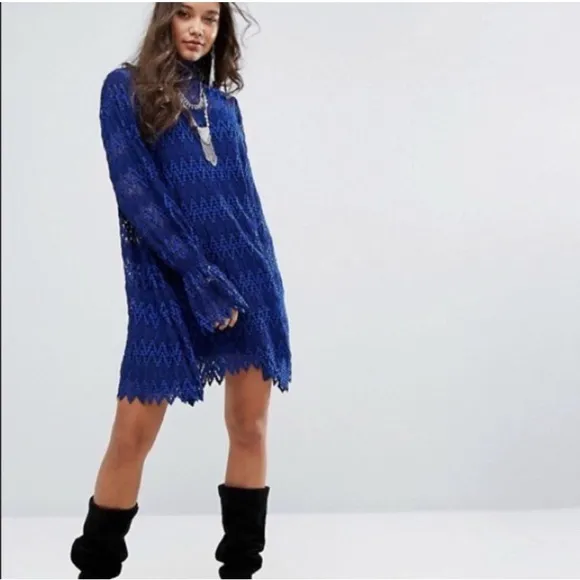 Free People Simone Mock Neck Long Bishop Sleeve Mini Dress, Blue NWT