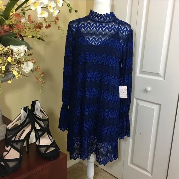 Free People Simone Mock Neck Long Bishop Sleeve Mini Dress, Blue NWT