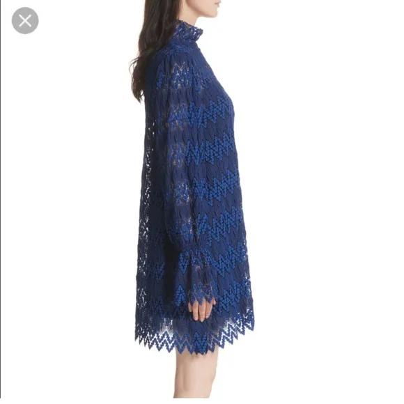 Free People Simone Mock Neck Long Bishop Sleeve Mini Dress, Blue NWT