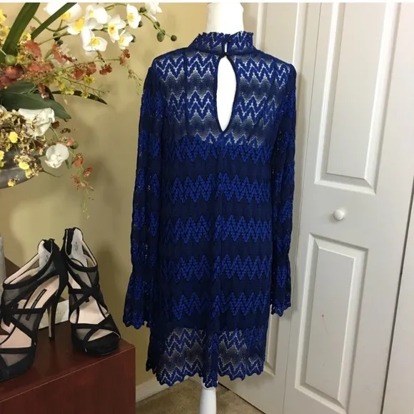 Free People Simone Mock Neck Long Bishop Sleeve Mini Dress, Blue NWT