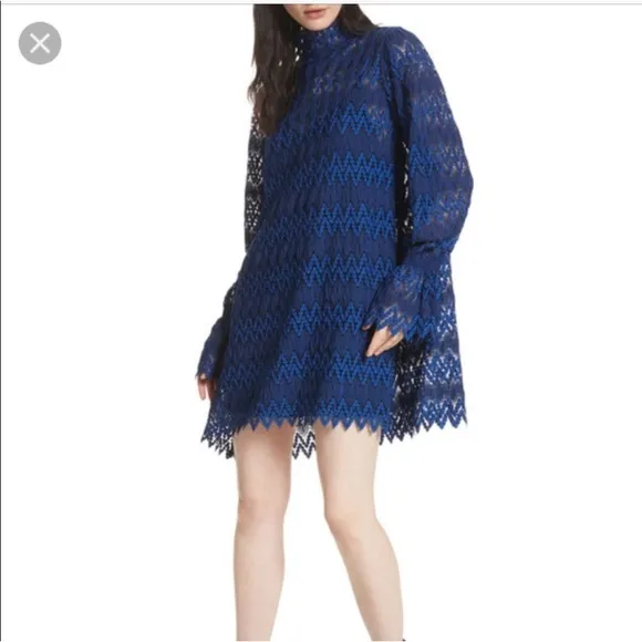 Free People Simone Mock Neck Long Bishop Sleeve Mini Dress, Blue NWT