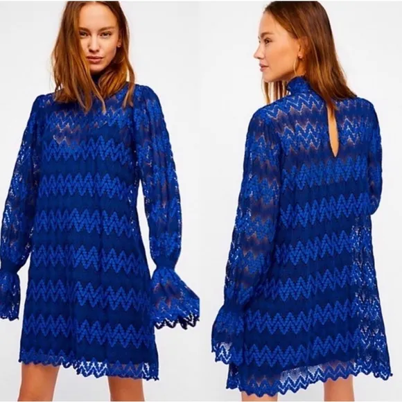 Free People Simone Mock Neck Long Bishop Sleeve Mini Dress, Blue NWT