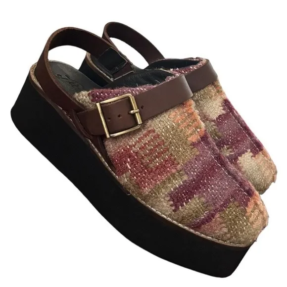 Free People Sz 9 Astrid Platform Mule Wool Woven Slingback Boho Clogs Kilim NEW