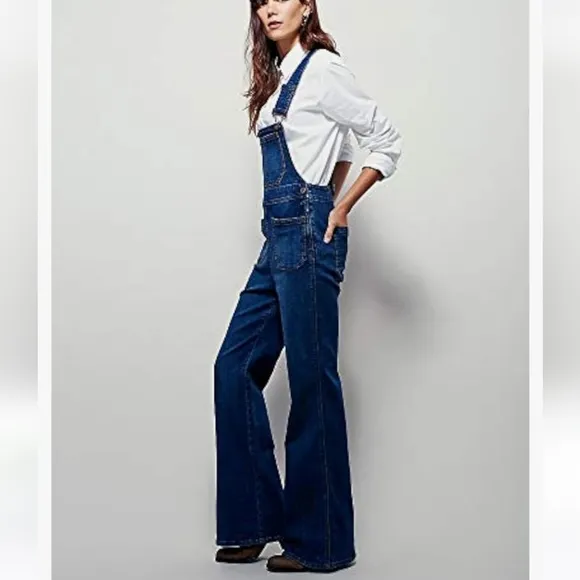 Free People Teague Retro One Piece Denim Wide Leg Overalls Size 26 Flare