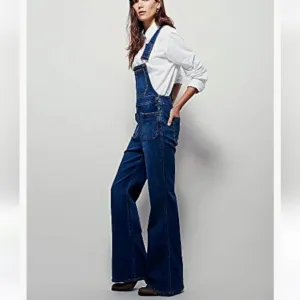 Free People Teague Retro One Piece Denim Wide Leg Overalls Size 26 Flare