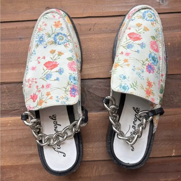 Free People Vida Floral Chain Block Heel Leather Mules Size 40