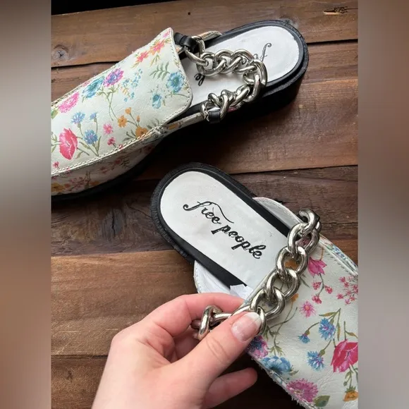 Free People Vida Floral Chain Block Heel Leather Mules Size 40