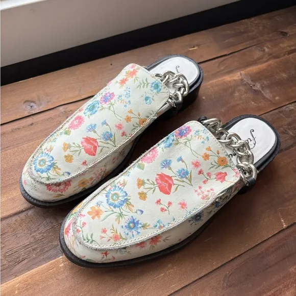 Free People Vida Floral Chain Block Heel Leather Mules Size 40
