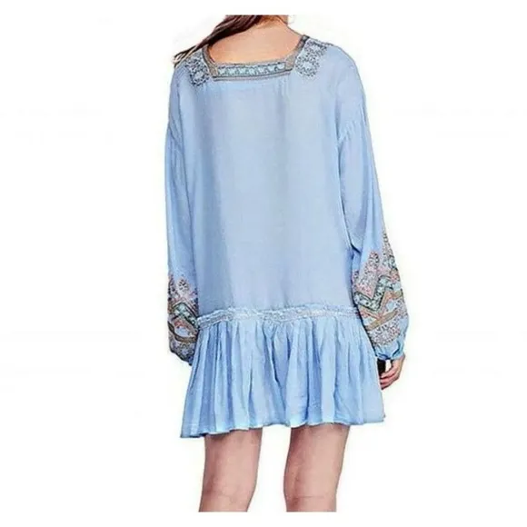Free People Wild One Embroidered Peasant Boho Blue Skies Dress S​​
