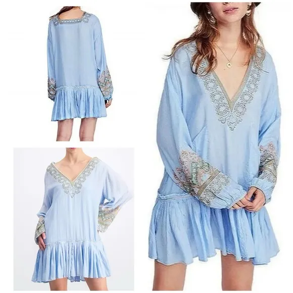 Free People Wild One Embroidered Peasant Boho Blue Skies Dress S​​