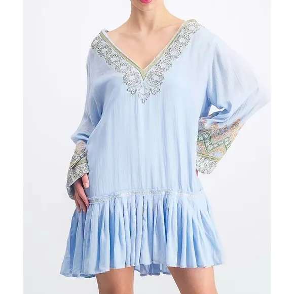 Free People Wild One Embroidered Peasant Boho Blue Skies Dress S​​