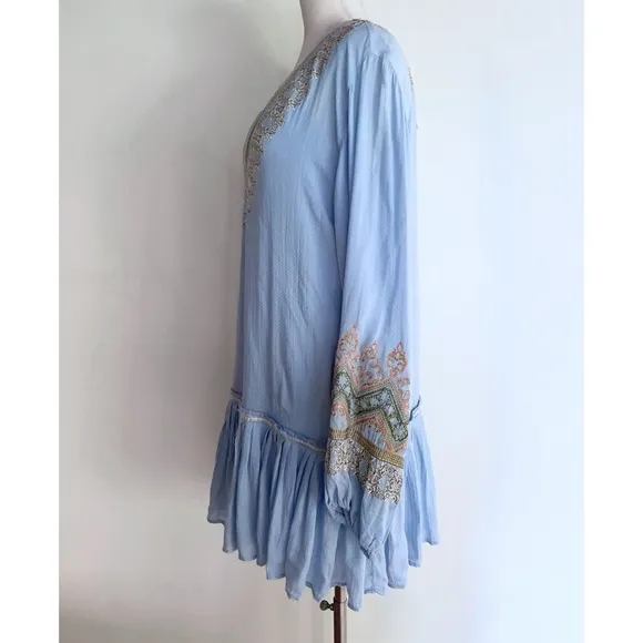 Free People Wild One Embroidered Peasant Boho Blue Skies Dress S​​
