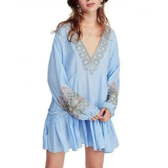 Free People Wild One Embroidered Peasant Boho Blue Skies Dress S​​