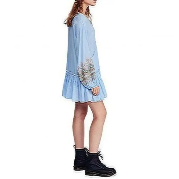 Free People Wild One Embroidered Peasant Boho Blue Skies Dress S​​