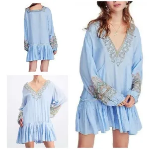 Free People Wild One Embroidered Peasant Boho Blue Skies Dress S​​